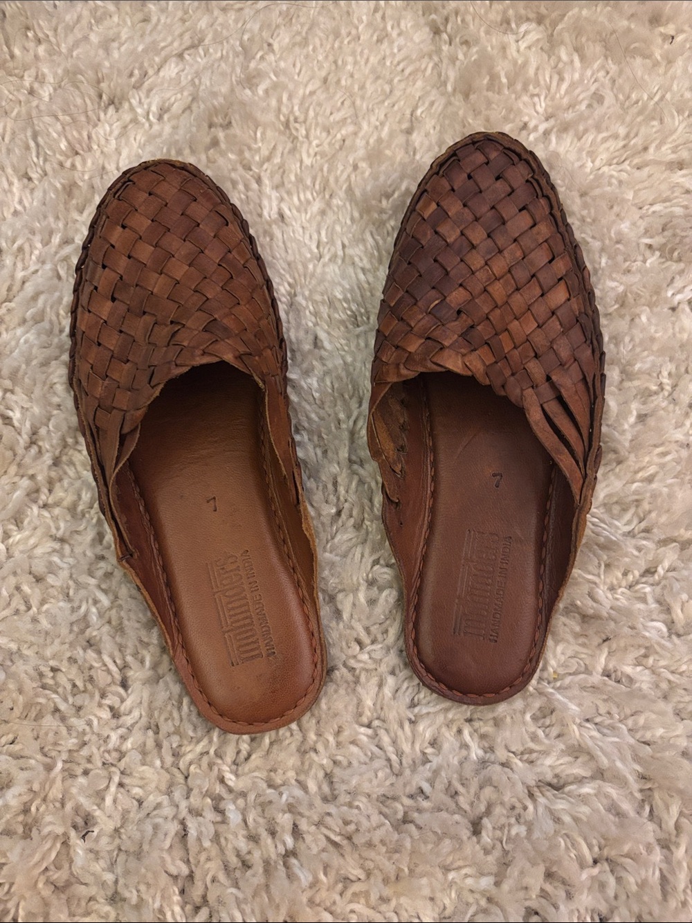 Minders Woven Leather Slip-On Mules in Brown
